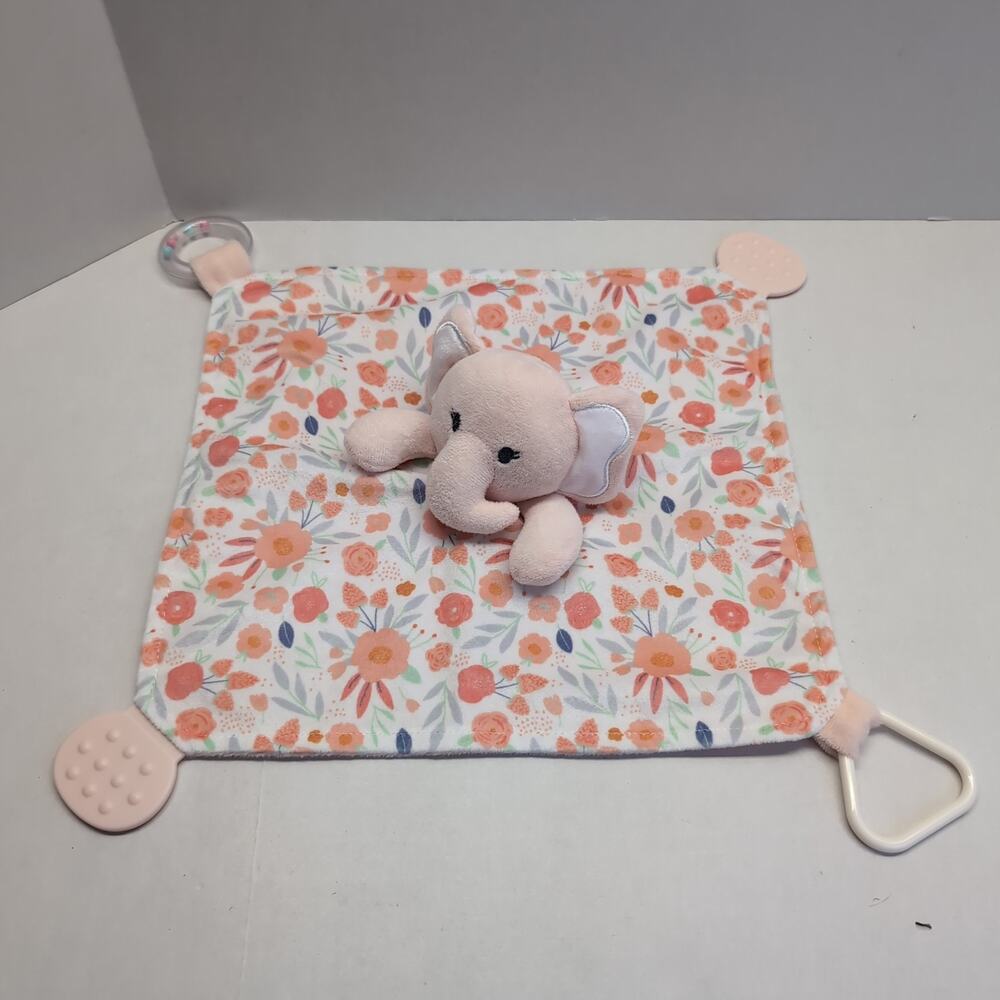 Modern Baby Elephant Lovey Plush w/Teether & Rattle Snuggle Blankie Pink Floral - Picture 5 of 13